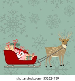 luxury seamless pattern with gold snowflakes and Santa sleigh with piles of presents, deer who pull. Vector illustration