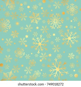Luxury seamless pattern with gold snowflakes on a green background. Christmas snowflakes background