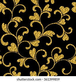 luxury seamless pattern with gold swirls and hearts on a black background