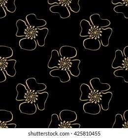 Luxury seamless pattern. Golden flowers on dark background. Elegant vector illustration for print, package design, wrapping, textile