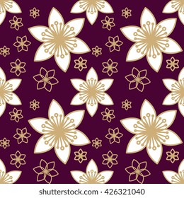 Luxury seamless pattern. Golden flowers on dark background. Elegant vector illustration for print, package design, wrapping, textile