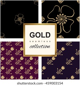 Luxury seamless pattern. Golden flowers on dark background. Elegant illustration for print, package design, wrapping, textile