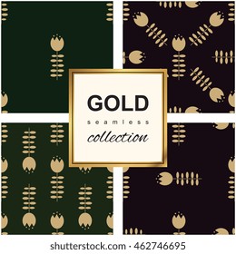 Luxury seamless pattern. Golden flowers on dark background. Elegant illustration for print, package design, wrapping, textile