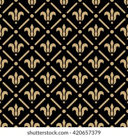 Luxury seamless pattern. Golden frame on dark damask background. Elegant vector illustration for print, package design, wrapping, textile