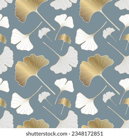 Luxury seamless pattern with golden ginkgo biloba leaves. Dark turquoise pattern for textiles, wrapping paper, wallpapers, covers, backgrounds