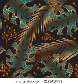 Luxury seamless pattern with golden monstera, fern, palm leaf and berries. Autumn gold pattern with tropical leaves on black background. Vector botanical illustration