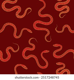 Luxury seamless pattern with golden snakes with intricate scaled skin or red background as wrapping paper or fabric design. Endless wallpaper with hand drawn linear reptiles for 2025 Year of the Snake