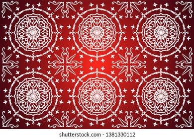 Luxury seamless pattern hand drawn traditional ornament decoration mixed with victorian style. Geometry each side for fashion fabric, knit, textile, batik. Red background.