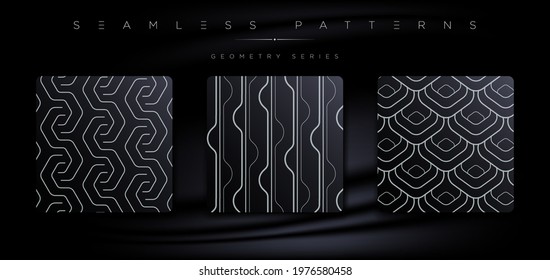 Luxury seamless pattern illustrations and borders with random lines, circles, waves, hexagons, natural objects, geometric shapes for premium graphic design elements. Vector EPS.