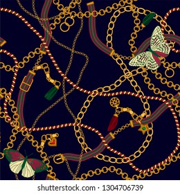 Luxury seamless pattern with jewelry chain belts and butterflies for fabric design.