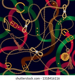 Luxury seamless pattern with  jewelry chain and  belts for fabric design.