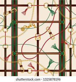 Luxury seamless pattern with  jewelry chain and  belts for fabric scarf illustration design.