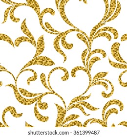 luxury seamless pattern of leaves and swirls in the form of hearts with gold glitter on a white background