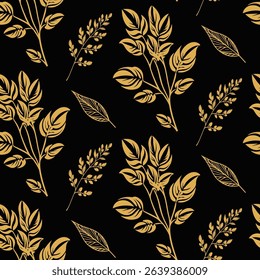 Luxury seamless pattern with a mix of golden botanical leaves and branches on a black background. An elegant and organic design for sophisticated textiles and decor. 