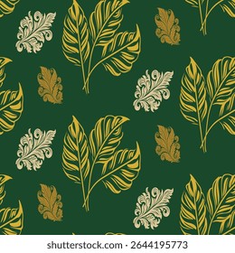 Luxo padrão sem costura misturando ornado ouro e creme folhas barrocas com folhagem tropical em um fundo verde escuro. Um design exótico e clássico para papel de parede declaração.