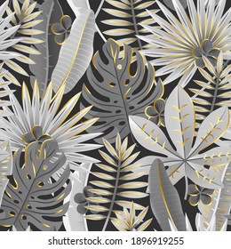Luxury seamless pattern. Monochrome tropical leaves with gold outline on black background.