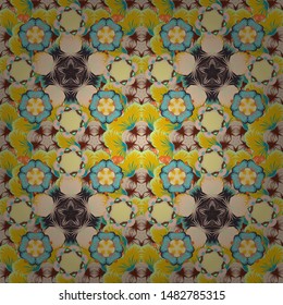Luxury seamless pattern with motley stars. Multicolored decorations. Star pattern in yellow, brown and beige colors with vintage ornament. Vector seamless background.