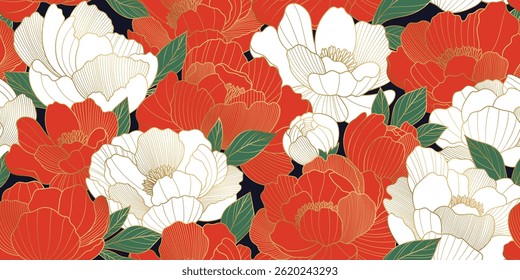 Luxury seamless pattern with oriental peony flowers and leaves. Asian vector background of gold lines art texture. Chinese illustration for wallpaper, card, poster, packaging, advertising