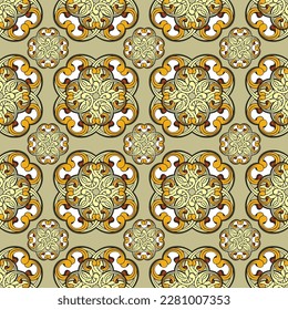 Luxury seamless pattern. Oriental print, tiles made of decorative curly elements. Abstract damask in yellow, orange and brown shades. A beautiful and stylish decoration for the design of any interior.