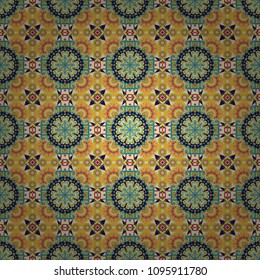 Luxury seamless pattern ornament in Eastern style. Abstract floral illustration in yellow, green and orange colors. Vector element, arabesque for design template.