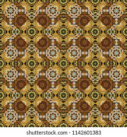 Luxury seamless pattern ornament in Eastern style. Abstract floral illustration in brown, orange and yellow colors. Vector element, arabesque for design template.