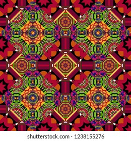 Luxury seamless pattern ornament in Eastern style. Vector element, arabesque for design template. Abstract floral illustration in red, green and black colors.