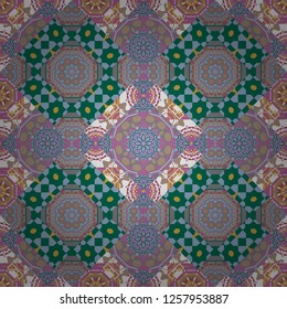 Luxury seamless pattern ornament in Eastern style. Vector element, arabesque for design template. Abstract floral illustration in green, blue and pink colors.