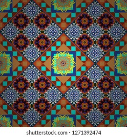 Luxury seamless pattern ornament in Eastern style. Vector element, arabesque for design template. Abstract floral illustration in blue, orange and brown colors.