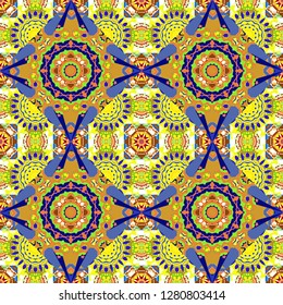 Luxury seamless pattern ornament in Eastern style. Abstract floral illustration in orange, yellow and blue colors. Vector element, arabesque for design template.