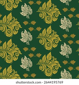 Luxo padrão sem emenda com ornado ouro e creme damasco folhas em um fundo verde escuro. Um design clássico e opulento para papel de parede de alta qualidade e têxteis formais.
