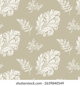 Luxury seamless pattern with ornate silver baroque and damask style leaves on a beige background. A classic and sophisticated design for vintage-inspired decor and fabric.