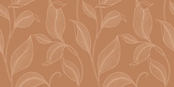 Luxury Seamless Pattern With Striped Leaves. Elegant Floral Background In Minimalistic Linear Style. Trendy Line Art Design Element. Vector Illustration.