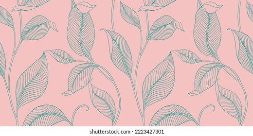 Luxury seamless pattern with striped leaves. Elegant floral background in minimalistic linear style. Trendy line art design element. Vector illustration.