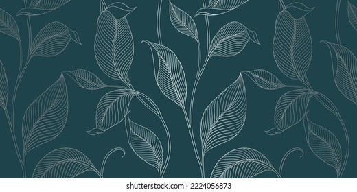 Luxury seamless pattern with striped leaves. Elegant floral background in minimalistic linear style. Trendy line art design element. Vector illustration.