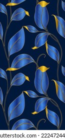 Luxury seamless pattern with striped leaves. Elegant floral background in minimalistic linear style. Vector illustration.