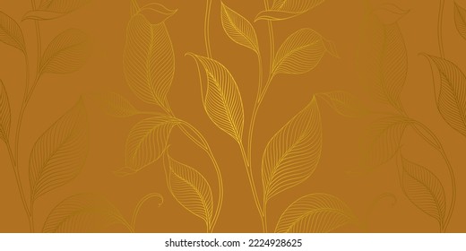 Luxury seamless pattern with striped leaves. Elegant floral background in minimalistic linear style. Trendy line art design element. Vector illustration.