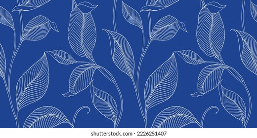 Luxury seamless pattern with striped leaves. Elegant floral background in minimalistic linear style. Trendy line art design element. Vector illustration.