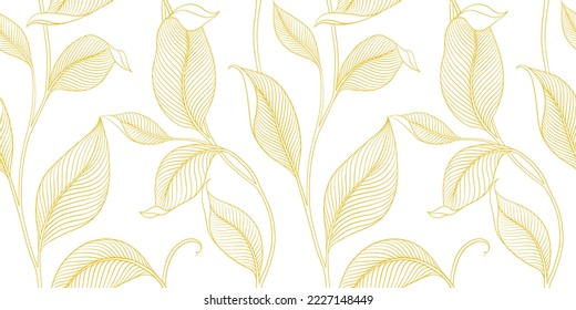 Luxury seamless pattern with striped leaves. Elegant floral background in minimalistic linear style. Trendy line art design element. Vector illustration.