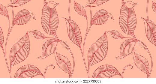 Luxury seamless pattern with striped leaves. Elegant floral background in minimalistic linear style. Trendy line art design element. Vector illustration.