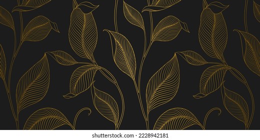 Luxury seamless pattern with striped leaves. Elegant floral background in minimalistic linear style. Trendy line art design element. Vector illustration.