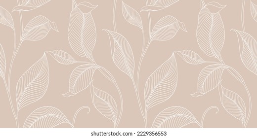 Luxuriöses, nahtloses Muster mit gestreiften Blättern. Eleganter floraler Hintergrund im minimalistischen linearen Stil. Trendy Line Art Design Element. Vektorgrafik.