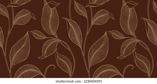 Luxury seamless pattern with striped leaves. Elegant floral background in minimalistic linear style. Trendy line art design element. Vector illustration.