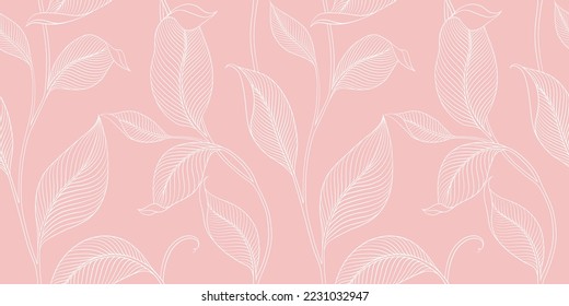 Luxury seamless pattern with striped leaves. Elegant floral background in minimalistic linear style. Trendy line art design element. Vector illustration.