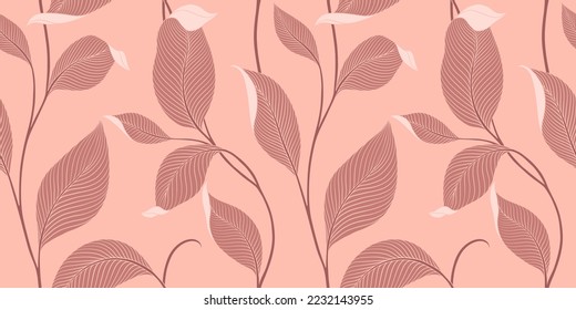 Luxury seamless pattern with striped leaves. Elegant floral background in minimalistic linear style. Trendy line art design element. Vector illustration.