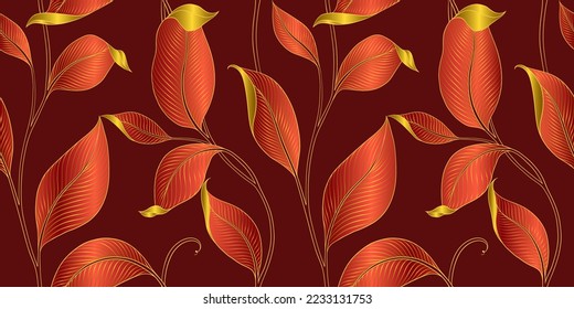 Luxury seamless pattern with striped leaves. Elegant floral background in minimalistic linear style. Trendy line art design element. Vector illustration.