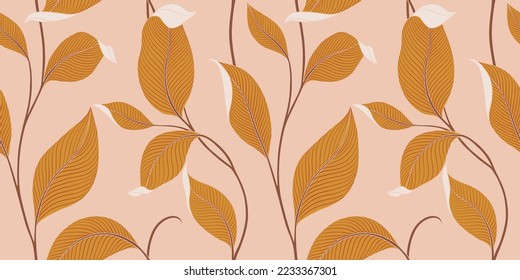 Lujo sin fisuras con hojas a rayas. Elegante fondo floral de estilo lineal minimalista. Elemento de diseño de arte de línea de moda. Ilustración vectorial.