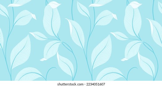 Luxury seamless pattern with striped leaves. Elegant floral background in minimalistic linear style. Trendy line art design element. Vector illustration.