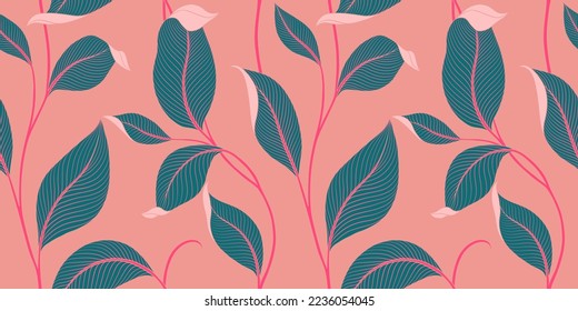 Lujo sin fisuras con hojas a rayas. Elegante fondo floral de estilo lineal minimalista. Elemento de diseño de arte de línea de moda. Ilustración vectorial.