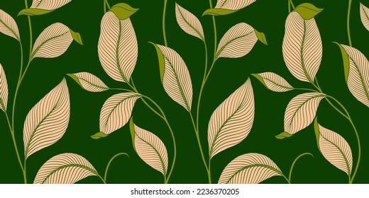 Lujo sin fisuras con hojas a rayas. Elegante fondo floral de estilo lineal minimalista. Elemento de diseño de arte de línea de moda. Ilustración vectorial.