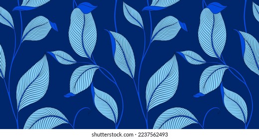 Luxury seamless pattern with striped leaves. Elegant floral background in minimalistic linear style. Trendy line art design element. Vector illustration.